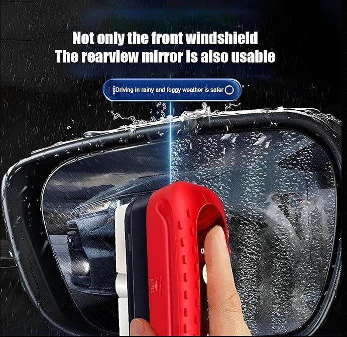 Car side mirror being cleaned with a red anti-fog water-removal tool — improves visibility by clearing rain droplets for safer driving.