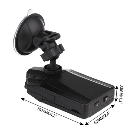 HD Night Vision Car Dash Camera H198 rear view with suction mount and size dimensions 107mm × 62mm × 33mm