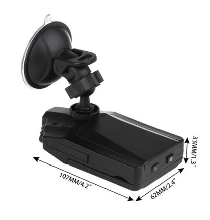 HD Night Vision Car Dash Camera H198 rear view with suction mount and size dimensions 107mm × 62mm × 33mm
