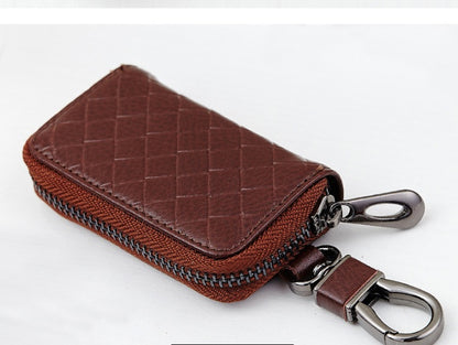 Car Key Case Genuine Leather | Woven Men’s Key Holder with Zipper