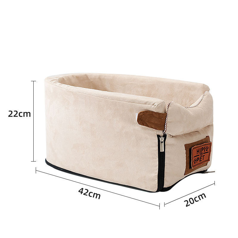 Oval beige car pet mat and portable dog house with soft plush fabric, 42×20×22 cm, non-slip bottom, cozy travel bed for small pets.