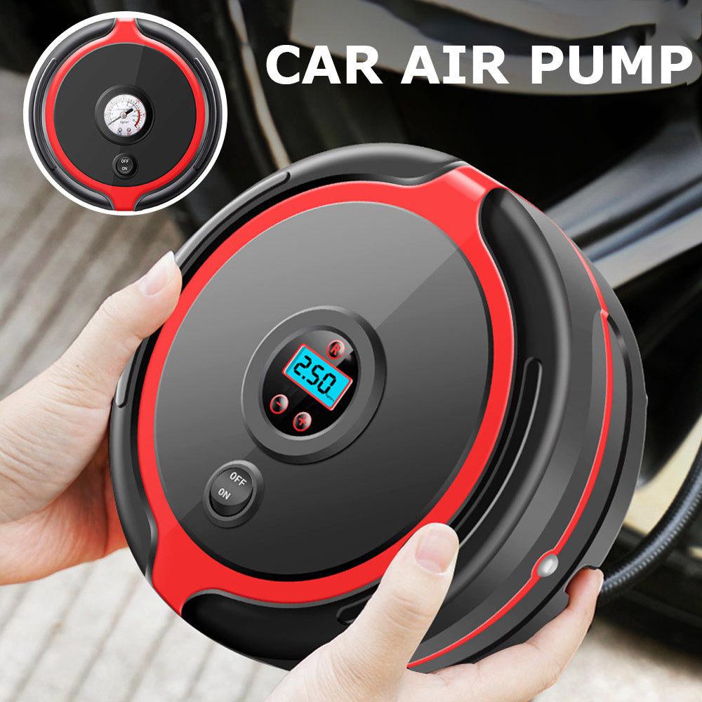 Portable digital car air pump with LED display, compact tire inflator for cars and motorcycles, black and red design