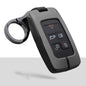 Gunmetal grey Range Rover-style key fob with black leather-shell sides and metallic gun-finish keychain attachment displayed on a clean light background