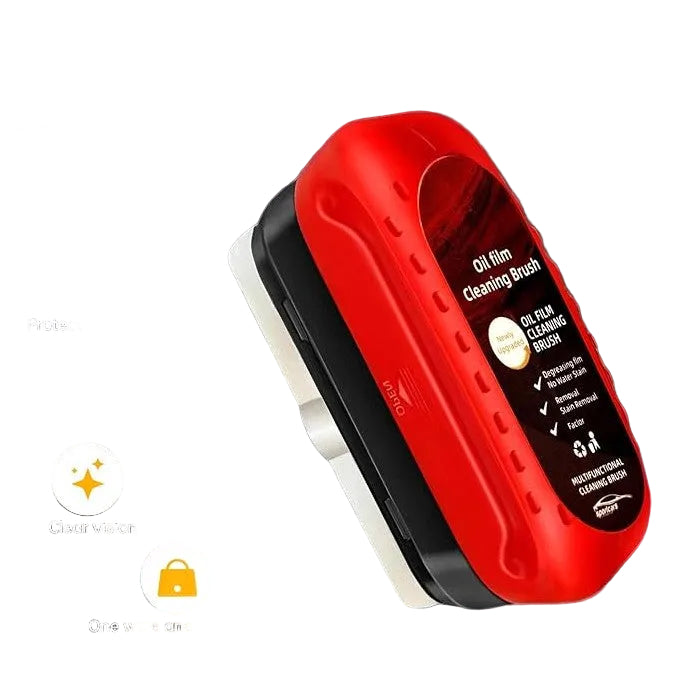 Red oil film cleaning brush for car side mirrors displayed on a dark background with product features highlighted – anti-fog, waterproof, and streak-free cleaning tool.