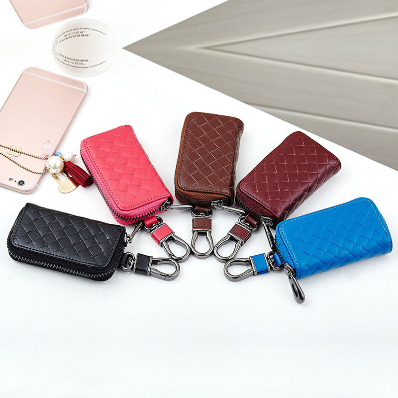 Car Key Case Genuine Leather | Woven Men’s Key Holder with Zipper
