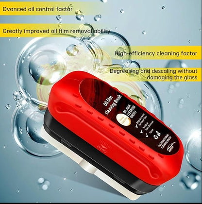 Red oil film cleaning brush removing water droplets from car mirrors – anti-fog, oil-removal tool for clear rearview visibility