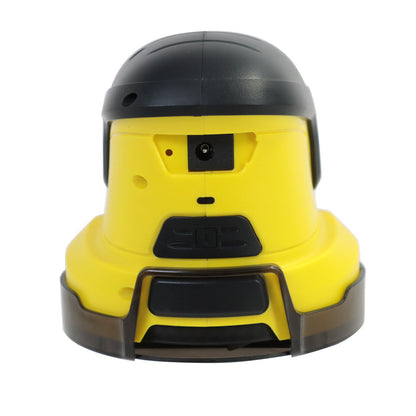 Rear view of the cordless electric snow scraper showing the power button, indicator light, and protective base.