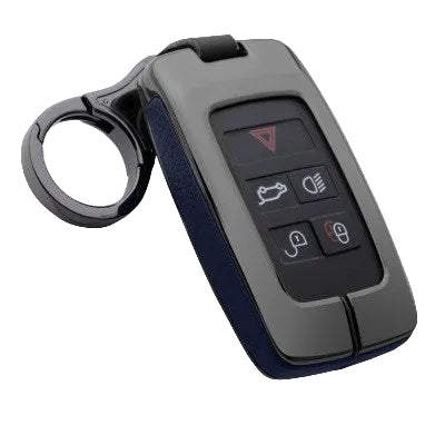 Blue leather-shell Range Rover–style key fob with metallic gun-finish keychain attachment displayed on a clean white background