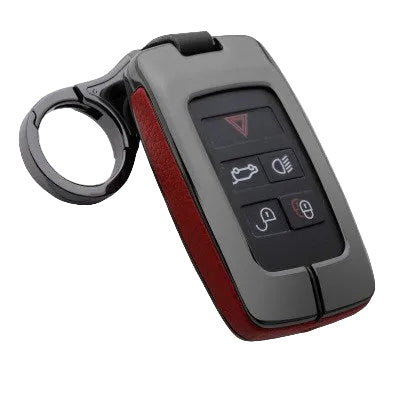 Red leather-shell Range Rover-style key fob with metallic gun-finish keychain attachment displayed on a clean white background