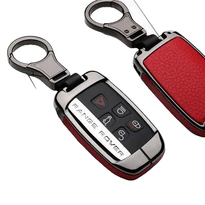 Red leather-shell Range Rover–style key fob with metallic gun-finish keychain attachment displayed on a clean white background