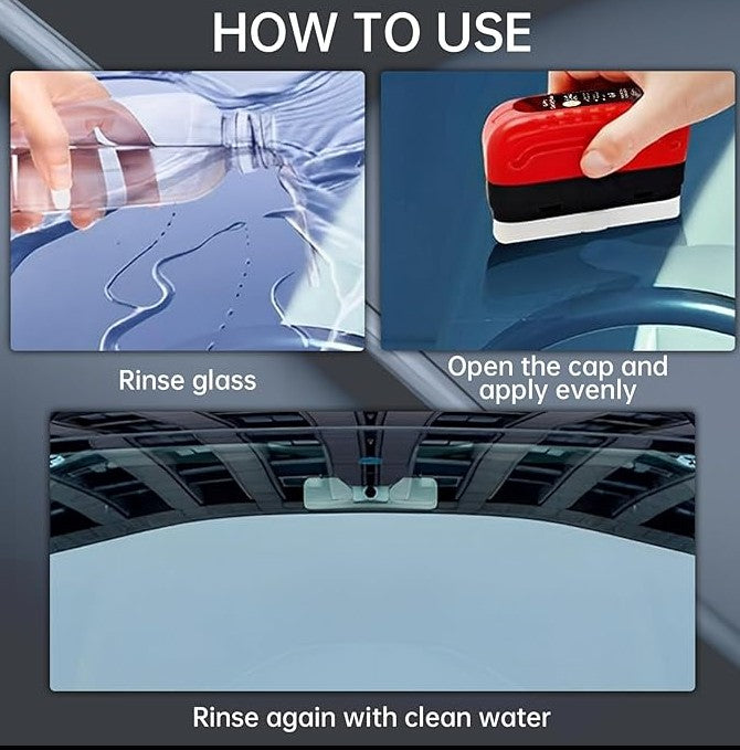 Step-by-step instructions showing how to use the red oil film cleaning brush on car mirrors – glass cleaning guide for clearer rearview visibility