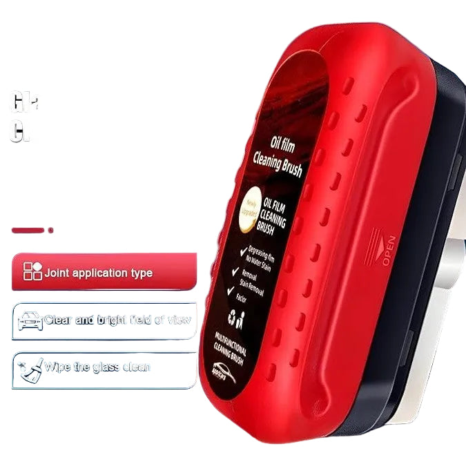 Red car mirror oil-film cleaning brush shown on a blue background — removes grease and improves rearview mirror clarity for safer driving.