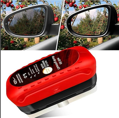 Before and after car side mirror cleaning results, shown with a red glass-cleaning tool on a white background — improves mirror clarity and visibility for drivers.