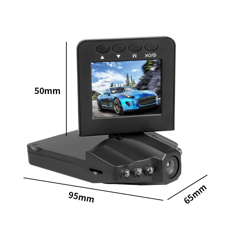 HD Night Vision Car Dash Camera H198 with foldable LCD screen showing dimensions 50mm × 95mm × 65mm