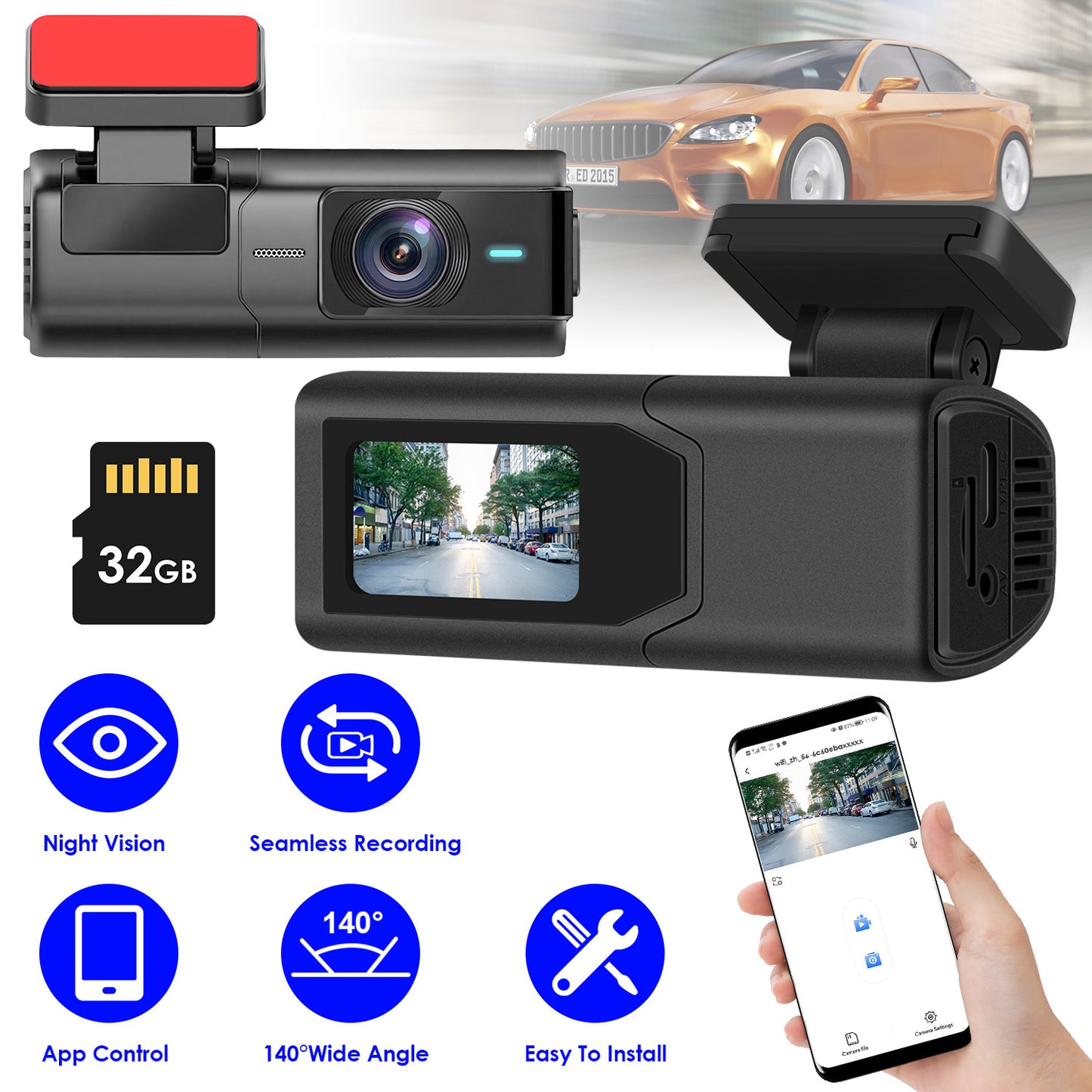 Motify 2K Smart Dash Cam with WiFi & Night Vision | 140° Wide Angle | 32GB Card Included