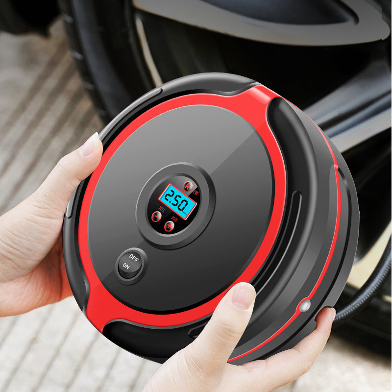 “Portable digital car air pump with LED display showing tire pressure, compact round design in black and red, held by hands next to a car wheel.”