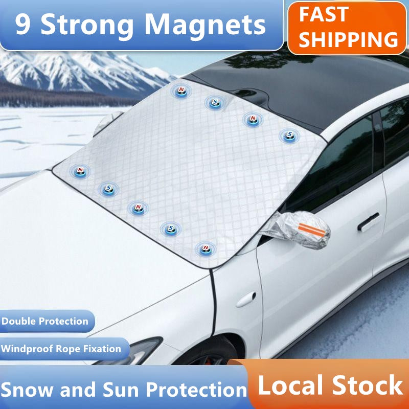 Magnetic windshield cover for cars with strong magnets, snow and sun protection.