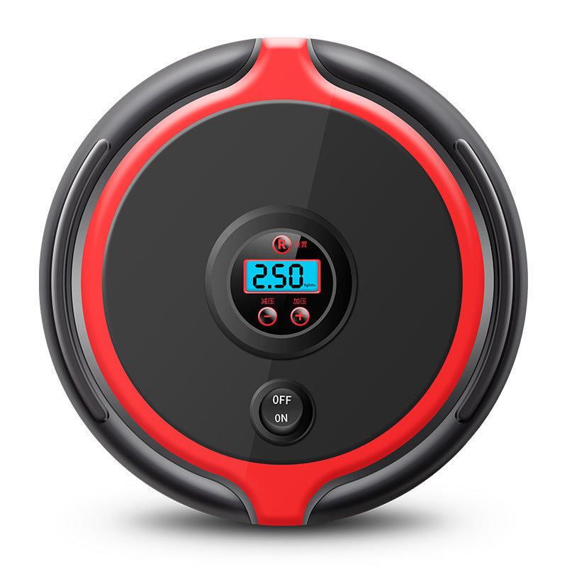 Portable digital car air pump with round black and red design, built-in pressure gauge and LCD display, used for inflating car tires