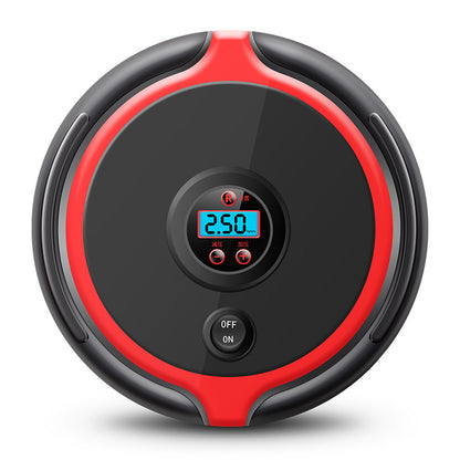 Portable digital car air pump with round black and red design, built-in pressure gauge and LCD display, used for inflating car tires