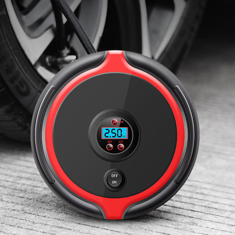 Portable digital car air pump with LED pressure display, compact round black and red tire inflator for cars
