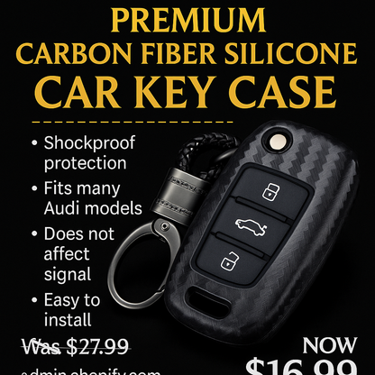 Premium carbon fiber silicone car key case for Audi A3 A4 A5 A6 Q3 Q5 models – shockproof protective key cover on black background